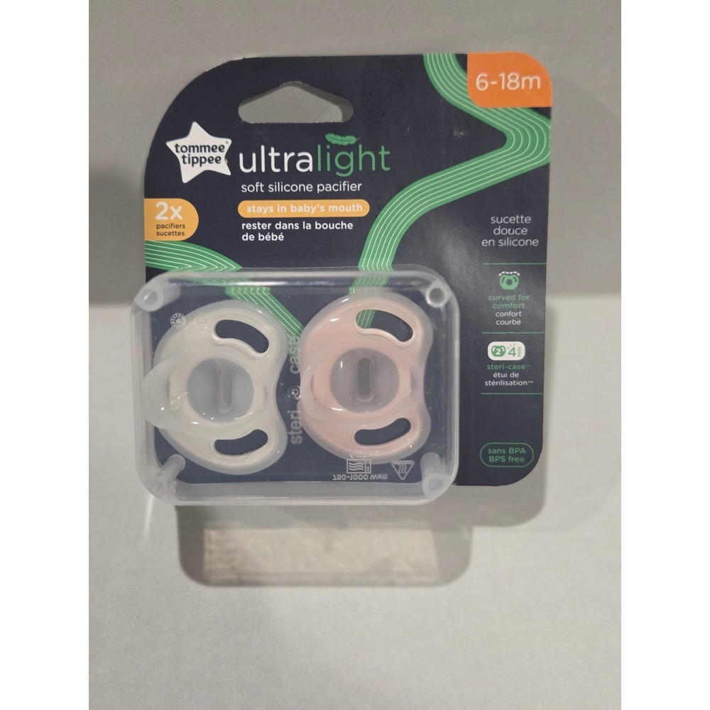 Tommee Tippee Ultra-Light Soft Silicone Pacifier 6-18m Pink Clear 2pk 6616301